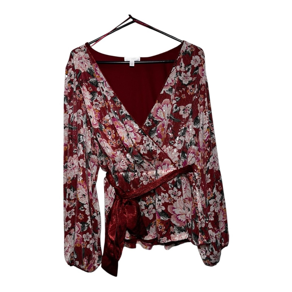 EUC LAUREN CONRAD Sequined Floral Surplice Blouse with Belt - XXL